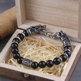 Black Stainless Steel Nordic Viking Norse Dragon Bracelet Men Wristband Cuff Bracelets with Viking Wooden Box