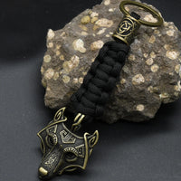 Nordic Mythology Wolf Head Keychain Men's Retro Handmade Survival Rope Lanyard Pendant Keyring Vikings Runes Vegvisir Jewelry