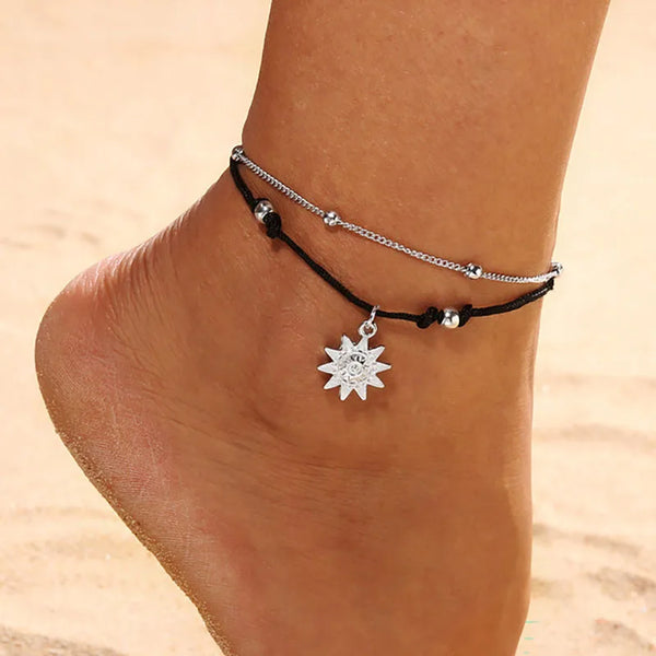 Vintage Boho Multi Layer Beads Anklets For Women Fashion Sun Pendent Anklet Handmade Chain Foot Party Jewelry Leg Bracelet