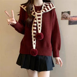 Autumn Winter Shawl Two-piece Set Ancora Red Pullover Sweater for Women Autumn and Winter New Christmas Navy Collar Top Trendy