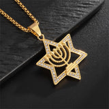 Hip Hop Iced Out Star of David Pendnat Male Gold Color Stainless Steel Candlestick Necklace For Men Jewish Party Jewelry Gift