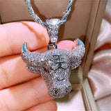 Fashion Animal Bull Head Pendant Necklace For Men Hiphop Iced Out Bling Micro Paved Red CZ Necklace Punk Rock Biker Jewelry