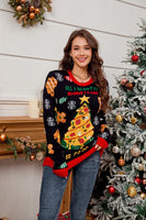 2025Women's Casual Loose Lazy Style Sweater Christmas Tree Color Block Jacquard Christmas Sweater Gift