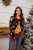 2025Women's Casual Loose Lazy Style Sweater Christmas Tree Color Block Jacquard Christmas Sweater Gift