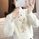 2023 Christmas Sweater Women Faux Mink Cashmere Half High Collar Pullover Fleece Winter Clothes Embroidery Deer Warm Jumper