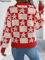 VigoCasey 2025 Autumn Winter Christmas Knitted Sweater Women Casual Plaid Print Pullover Lady Lantern Long Sleeve Loose Jumper
