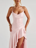 Articat Elegant Spaghetti Strap Satin Split Maxi Dress Women Sexy Backless Bodycon Party Evening Dress Summer Holiday Beachwear