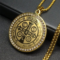 Catholic Saint Benedict Pendant Necklace for Women Men Stainless Steel Gold Color Rhinestone Religion Male Chain Jewelry