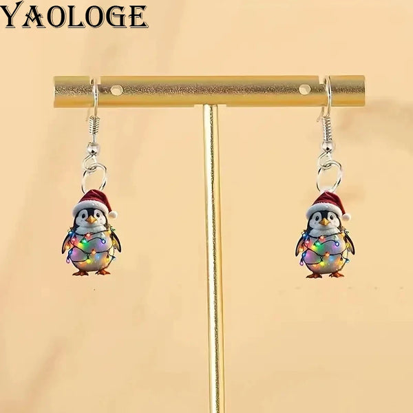 YAOLOGE Fun Leisure Santa's Hat Colorful Light Strip Penguin Earrings 2D Acrylic Design Women Winter Atmosphere Eardrop Gifts