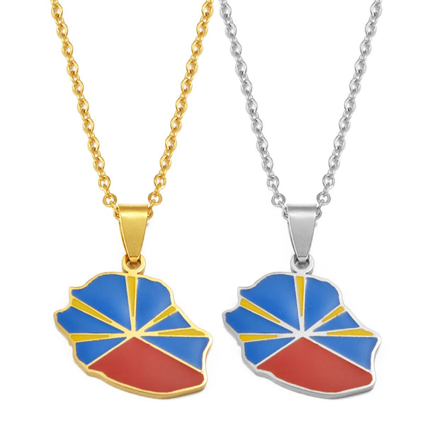Anniyo France Reunion Island Map Flag Pendant Necklaces Stainless Steel Jewelry #512162
