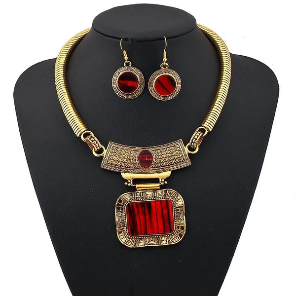 Bohemia Ethnic Vintage Alloy Acrylic Sheet Statement Choker Necklace And Earrings Jewelry Set For Women Party Accessories