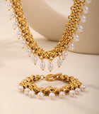 Stainless Steel Crawler Necklace Bracelet For Women 18k Gold Plated Imitation Pearl Tassel Charm Women's Necklaces Bracelets Set