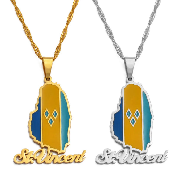Anniyo ST. Vincent Map Pendant and Chain Necklaces Saint Vincent Maps Lesser Antille Jewelry @126621