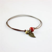 Vintage Bronze Leaf Small Bell and Colorful Flower Glazed Ceramic Bead Pendant Leather Rope Anklet Women Ethnic Style Bracelet