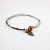 Vintage Bronze Leaf Small Bell and Colorful Flower Glazed Ceramic Bead Pendant Leather Rope Anklet Women Ethnic Style Bracelet