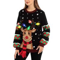 Women LED Light Up Holiday Sweater Christmas Cartoon Reindeer Knit Pullover Top