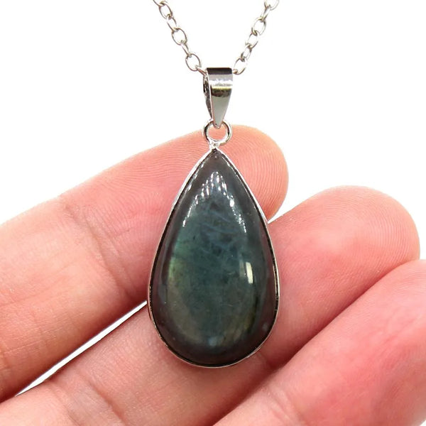Natural Labracorite Crystal Water Drop Stone Pendant Necklace For Women Spectrolite Gemstone Energy Healing Amulet Man Jewellery