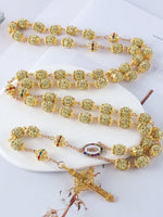 2025New Vintage Catholic 10mm 59 Crystal Rhinestone Beads Cross Necklace
