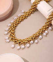 Stainless Steel Crawler Necklace Bracelet For Women 18k Gold Plated Imitation Pearl Tassel Charm Women's Necklaces Bracelets Set