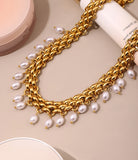 Stainless Steel Crawler Necklace Bracelet For Women 18k Gold Plated Imitation Pearl Tassel Charm Women's Necklaces Bracelets Set
