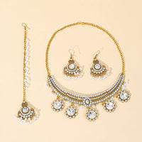 Luxury Gold Color Round Crystal Jewelry Set Vintage Earring Necklace Forehead Headdress Dubai Bridal Wedding Jewelry Accessories