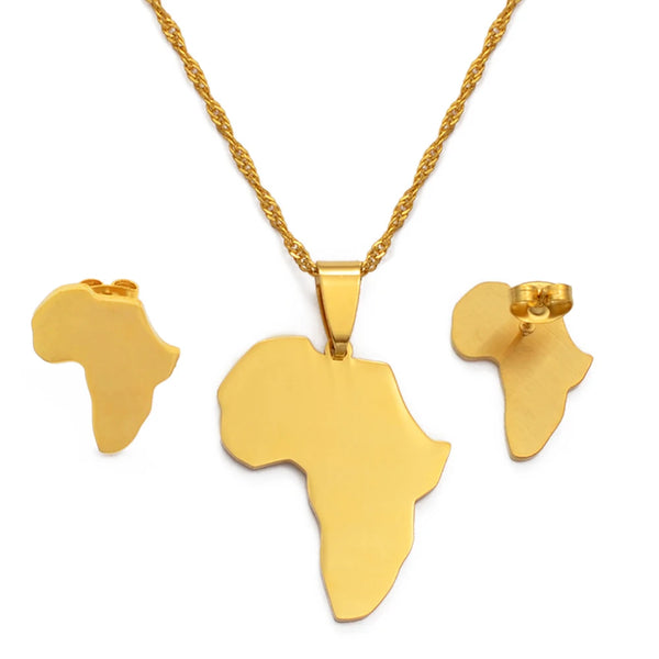 Anniyo Africa Map Sets Pendant Necklace and Earrings Gold Color/Silver Color African Maps Jewelry Set for Women Gitls #133621