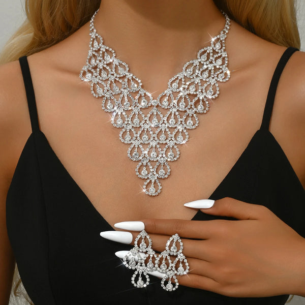 3PC Women's Fashion Zircon Geometric Necklace Earrings Jewelry Set Simple and Versatile Wedding Party Festival Gift-8571