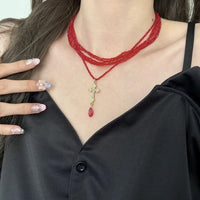 Luxurious Multi-Layer Red Beaded Flower Tassel Necklace Fashionable Choker High-End Clavicle Chain Jewelry Accessory