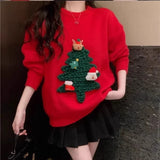 Autumn Winter Women Red Sweet Chic 3D Christmas Tree Knitted Sweater Casual O Neck Long Sleeve Pullover Tops Female Loose Jumper