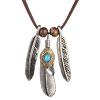 Vintage Alloy Tibetan Silver Turquoise Feathers Charms Necklace