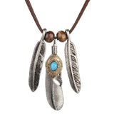Vintage Alloy Tibetan Silver Turquoise Feathers Charms Necklace