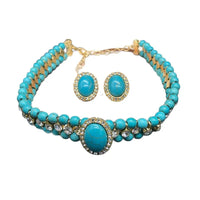 French Retro Elegant Inlaid Turquoise Geometric Necklace Bracelet Earring Set Fashionable High-End Women'S Jewelry