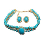 French Retro Elegant Inlaid Turquoise Geometric Necklace Bracelet Earring Set Fashionable High-End Women'S Jewelry