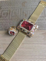 Colored Change Sultanite Crystal Bangle Rings Sets for Women Stainless Steel Watch Belt Chain Bracelet Zultanite Quartz Jewelry