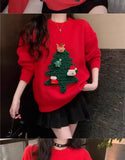 Autumn Winter Women Red Sweet Chic 3D Christmas Tree Knitted Sweater Casual O Neck Long Sleeve Pullover Tops Female Loose Jumper