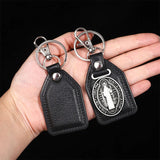 PU Leather Keychain Saint Christopher Charm Pendant Men Antique Bronze Plated Hook Keychain Car Keychain