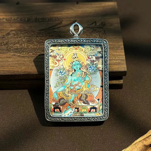 Retro Tibetan Thangka Green Tara Buddha Pendant Necklace - Lucky Guardian Art Collection, Alloy Crafts Home Decor Guardian De