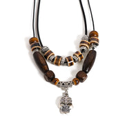 Handcrafted Ceramic Beaded Necklace Adjustable Boho Jewelry Brown Tones Totem Tiger Pendant Ethnic for Men&Women S02-049
