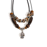 Handcrafted Ceramic Beaded Necklace Adjustable Boho Jewelry Brown Tones Totem Tiger Pendant Ethnic for Men&Women S02-049