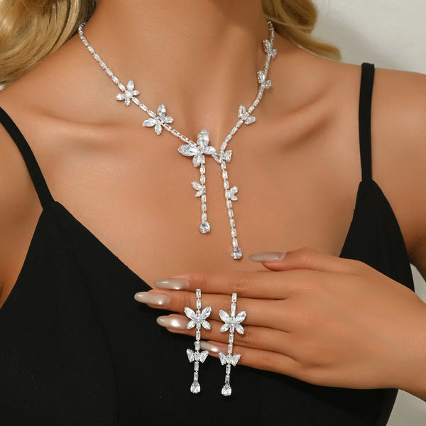 Women's fashionable butterfly tassel zircon necklace earring jewelry set, with a light luxury design and a high-end feel