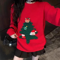 Autumn Winter Women Red Sweet Chic 3D Christmas Tree Knitted Sweater Casual O Neck Long Sleeve Pullover Tops Female Loose Jumper