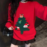 Autumn Winter Women Red Sweet Chic 3D Christmas Tree Knitted Sweater Casual O Neck Long Sleeve Pullover Tops Female Loose Jumper