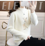 2023 Christmas Sweater Women Faux Mink Cashmere Half High Collar Pullover Fleece Winter Clothes Embroidery Deer Warm Jumper