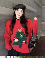 Autumn Winter Women Red Sweet Chic 3D Christmas Tree Knitted Sweater Casual O Neck Long Sleeve Pullover Tops Female Loose Jumper