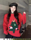 Autumn Winter Women Red Sweet Chic 3D Christmas Tree Knitted Sweater Casual O Neck Long Sleeve Pullover Tops Female Loose Jumper