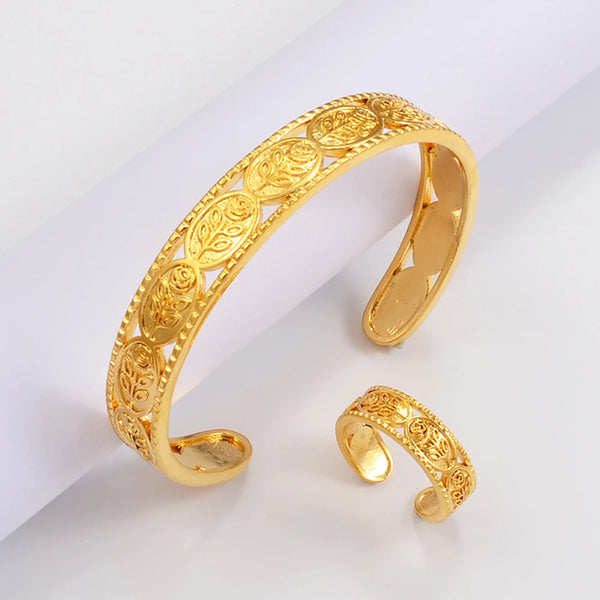 Anniyo Flowers Cuff Bracelet and Ring Sets African Arab Banglet Middle East Jewelry Dubai for Women Girl @200810