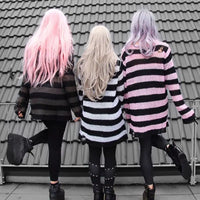 2024 Purple Striped Gothic Sweaters Women Ripped Holes Loose Knitted Pullover Frayed Fairy Grunge Jumpers Emo Streetwear Lolita