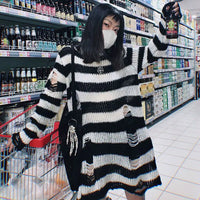 2024 Purple Striped Gothic Sweaters Women Ripped Holes Loose Knitted Pullover Frayed Fairy Grunge Jumpers Emo Streetwear Lolita
