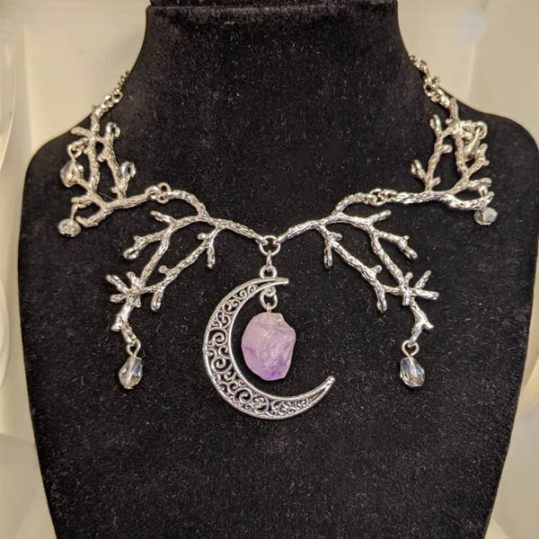 Gothic Moon Branch Choker for Woman Mystic Purple Crystal Moon Necklace Pagan Witch Jewelry Gift Accessories Moon Pendant Choker