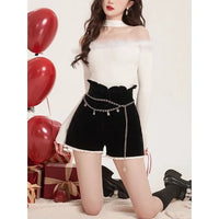 Christmas Theme Splice Design Show Shoulder Knitted Top Winter Hot Sale Of The Season One Shoulder Hanging Neck Slim Fit Body He